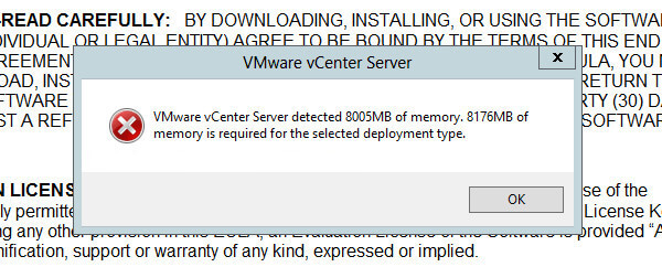 VMware vCenter Server 8176MB of memory is required