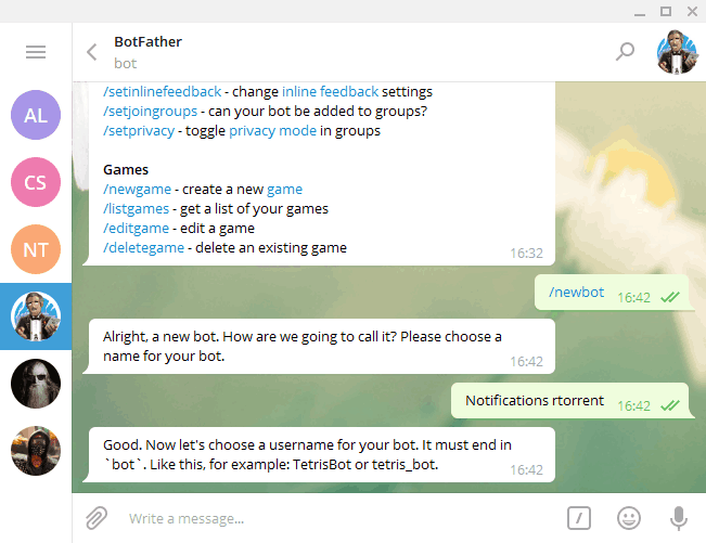 Créer et configurer un bot Telegram Rtorrent